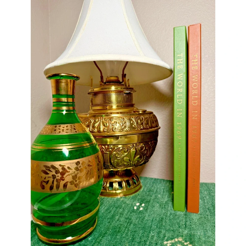 Vintage Emerald Green Glass Vase Gold Gilt Floral Decor 9.5